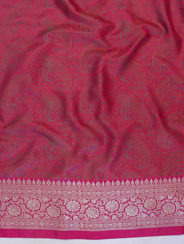 Banarasee Jamewar Tanchoi Soft Silk Saree with Contrast Border-Sky Blue & Magenta