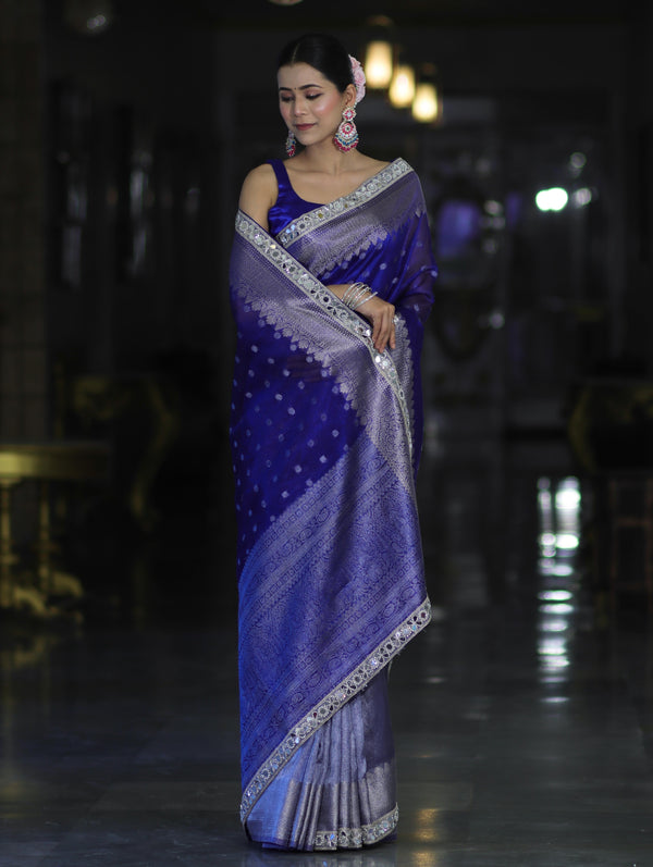 Banarasee Handloom Tissue Saree With Buti Design Zari Border & Lace-Blue