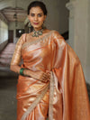 Banarasee Handwoven Tissue Saree With Zari Jaal Design & Lace-Rust