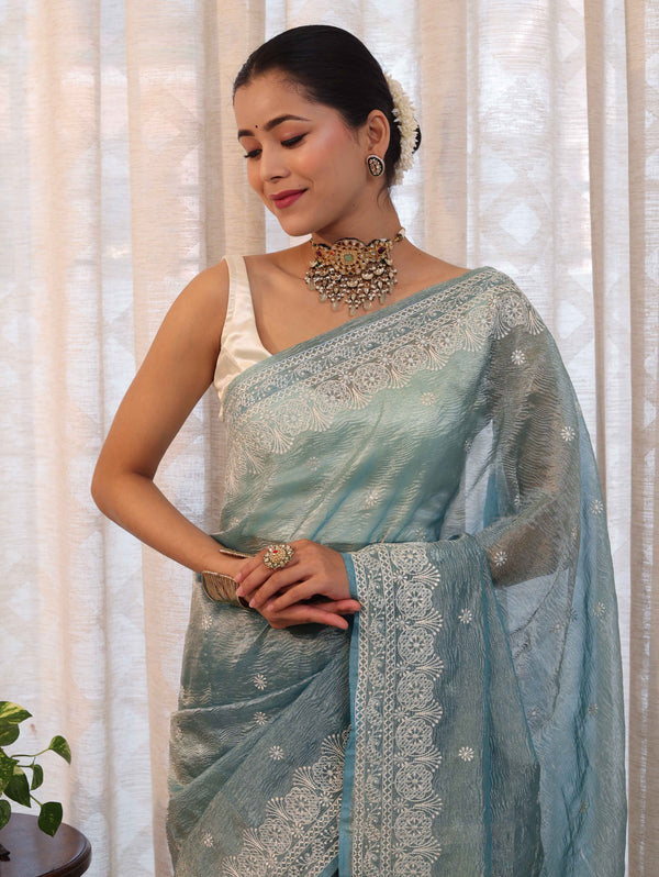 Banarasee Handwoven Crushed Tissue Saree With Hand Embroidered Buti Design & Border-Aqua Blue