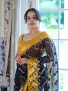 Banarasee Organza Mix Saree With Zari Work & Contrast Border-Black & Yellow