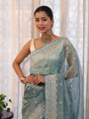 Banarasee Handwoven Crushed Tissue Saree With Hand Embroidered Buti Design & Border-Aqua Blue