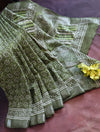Linen Cotton Bagru Hand-Block Printed Saree-Green
