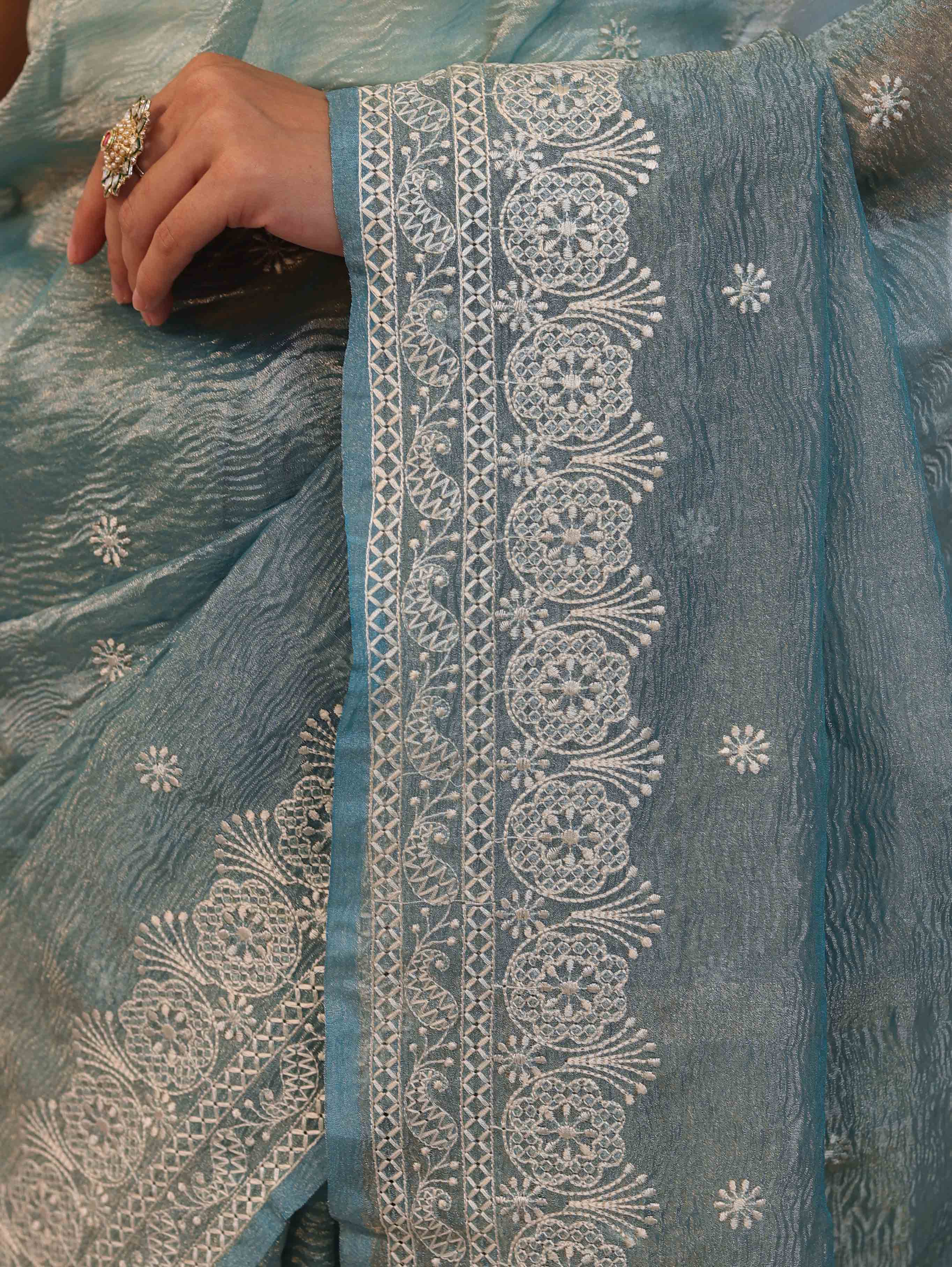 Banarasee Handwoven Crushed Tissue Saree With Hand Embroidered Buti Design & Border-Aqua Blue
