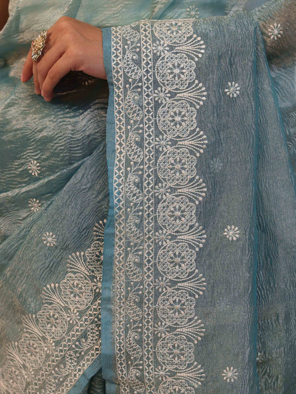 Banarasee Handwoven Crushed Tissue Saree With Hand Embroidered Buti Design & Border-Aqua Blue