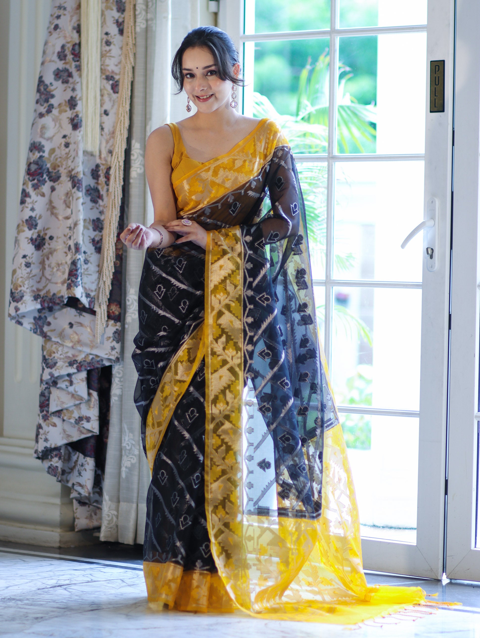 Banarasee Organza Mix Saree With Zari Work & Contrast Border-Black & Yellow