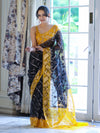 Banarasee Organza Mix Saree With Zari Work & Contrast Border-Black & Yellow
