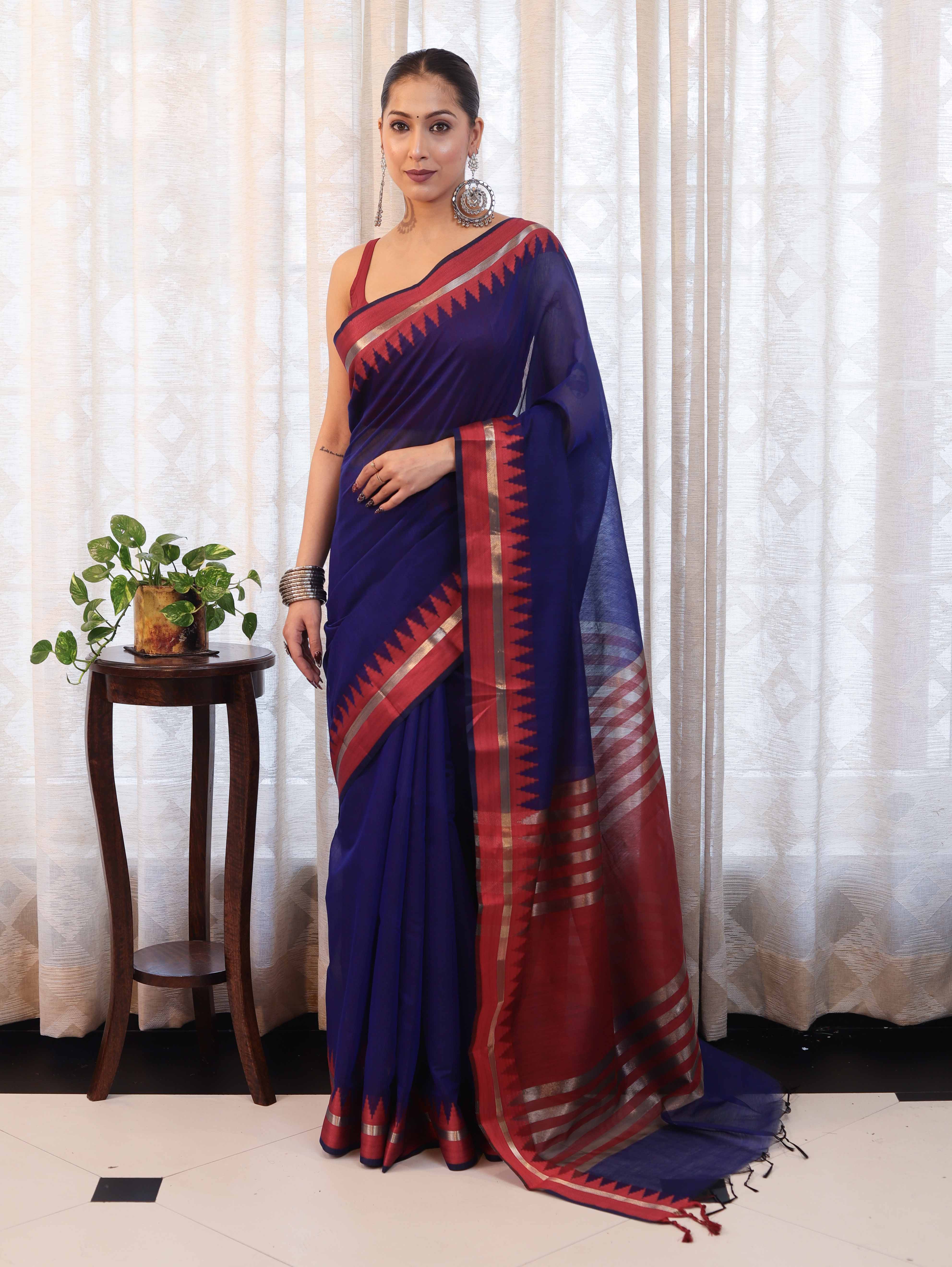 Banarasee Handloom Plain Cotton Silk Saree With Contrast Border-Navy Blue & Maroon
