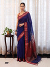 Banarasee Handloom Plain Cotton Silk Saree With Contrast Border-Navy Blue & Maroon
