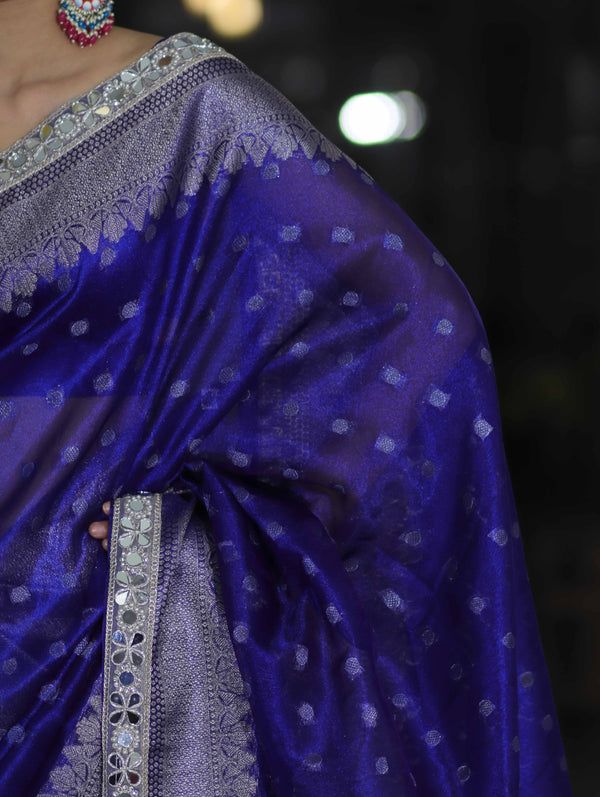 Banarasee Handloom Tissue Saree With Buti Design Zari Border & Lace-Blue