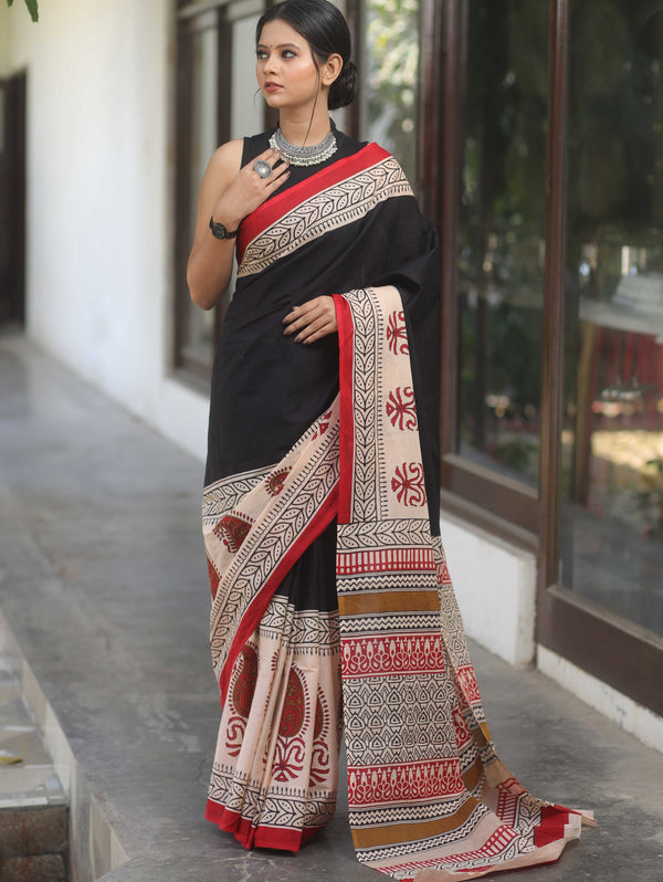 Handloom Mul Cotton Hand-Block Print Saree-Black