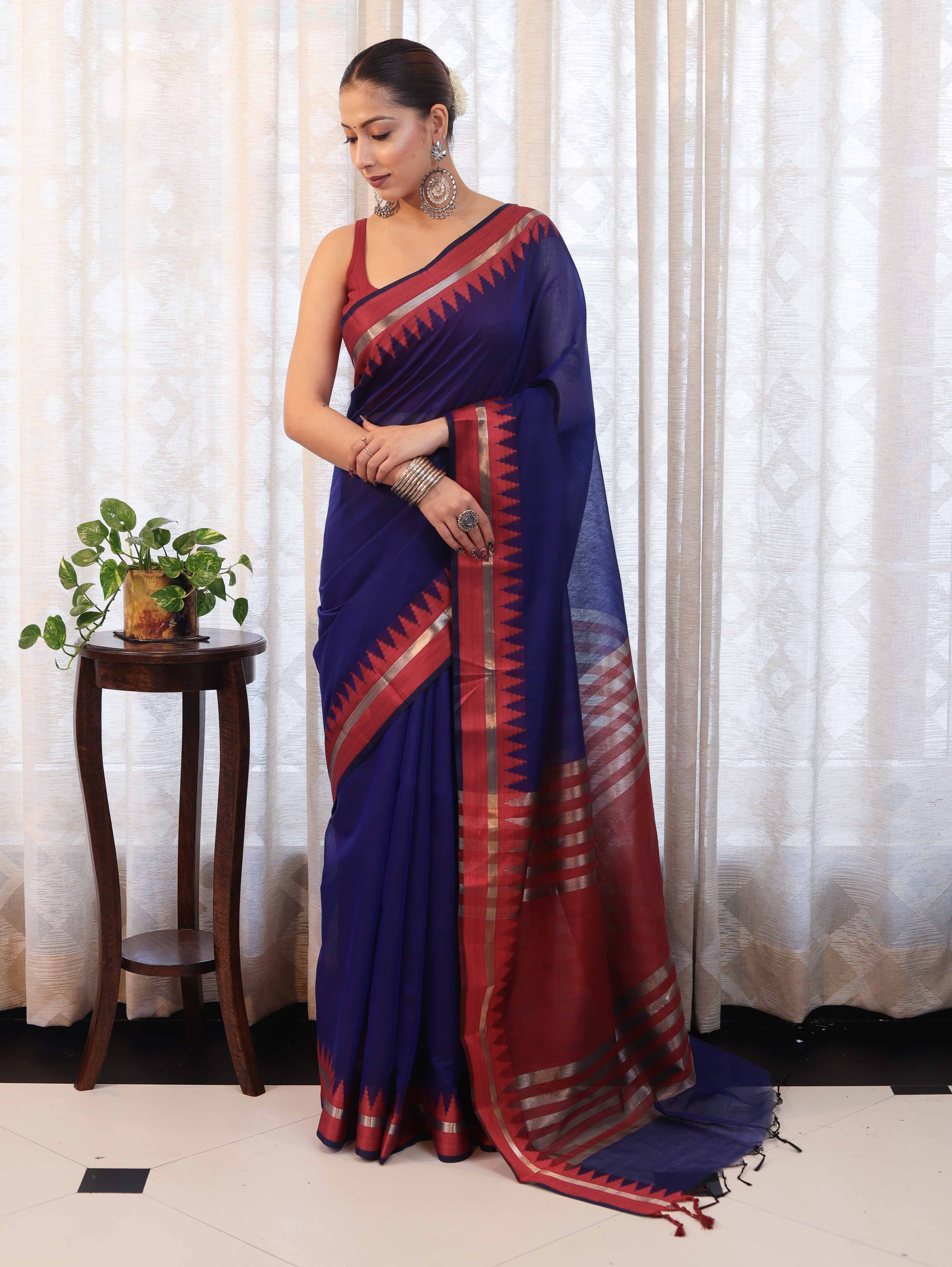 Banarasee Handloom Plain Cotton Silk Saree With Contrast Border-Navy Blue & Maroon