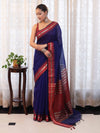 Banarasee Handloom Plain Cotton Silk Saree With Contrast Border-Navy Blue & Maroon