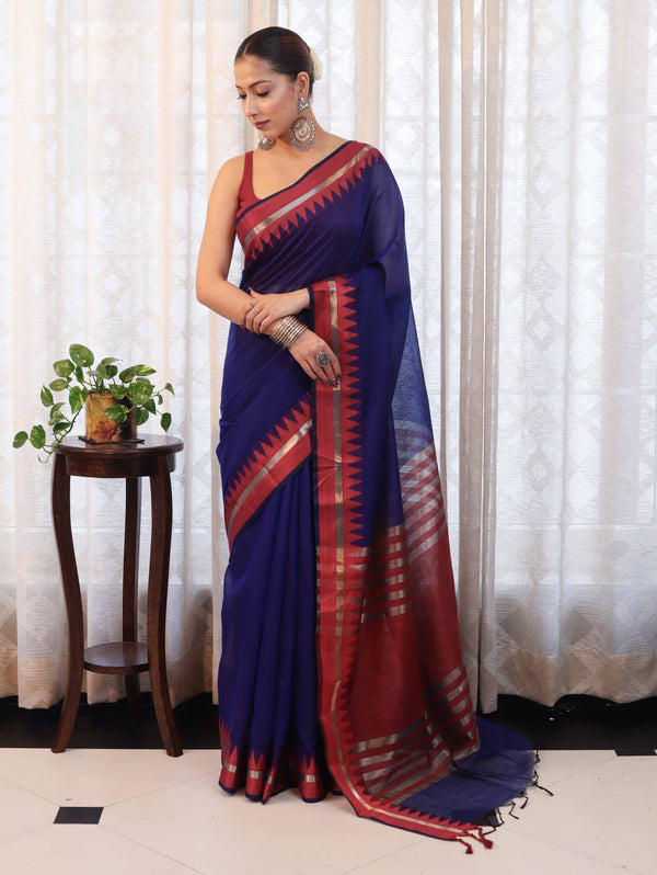 Banarasee Handloom Plain Cotton Silk Saree With Contrast Border-Navy Blue & Maroon
