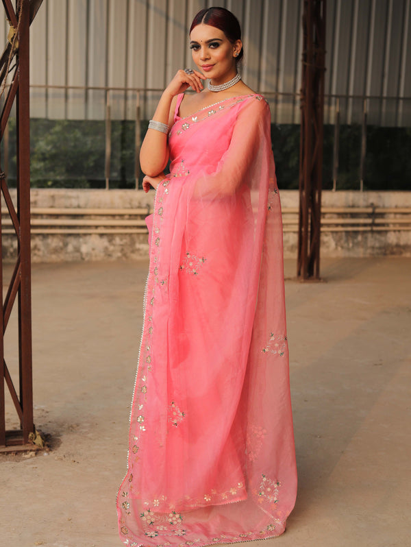 Banarasee Tissue Organza Saree With Handwork-Pink