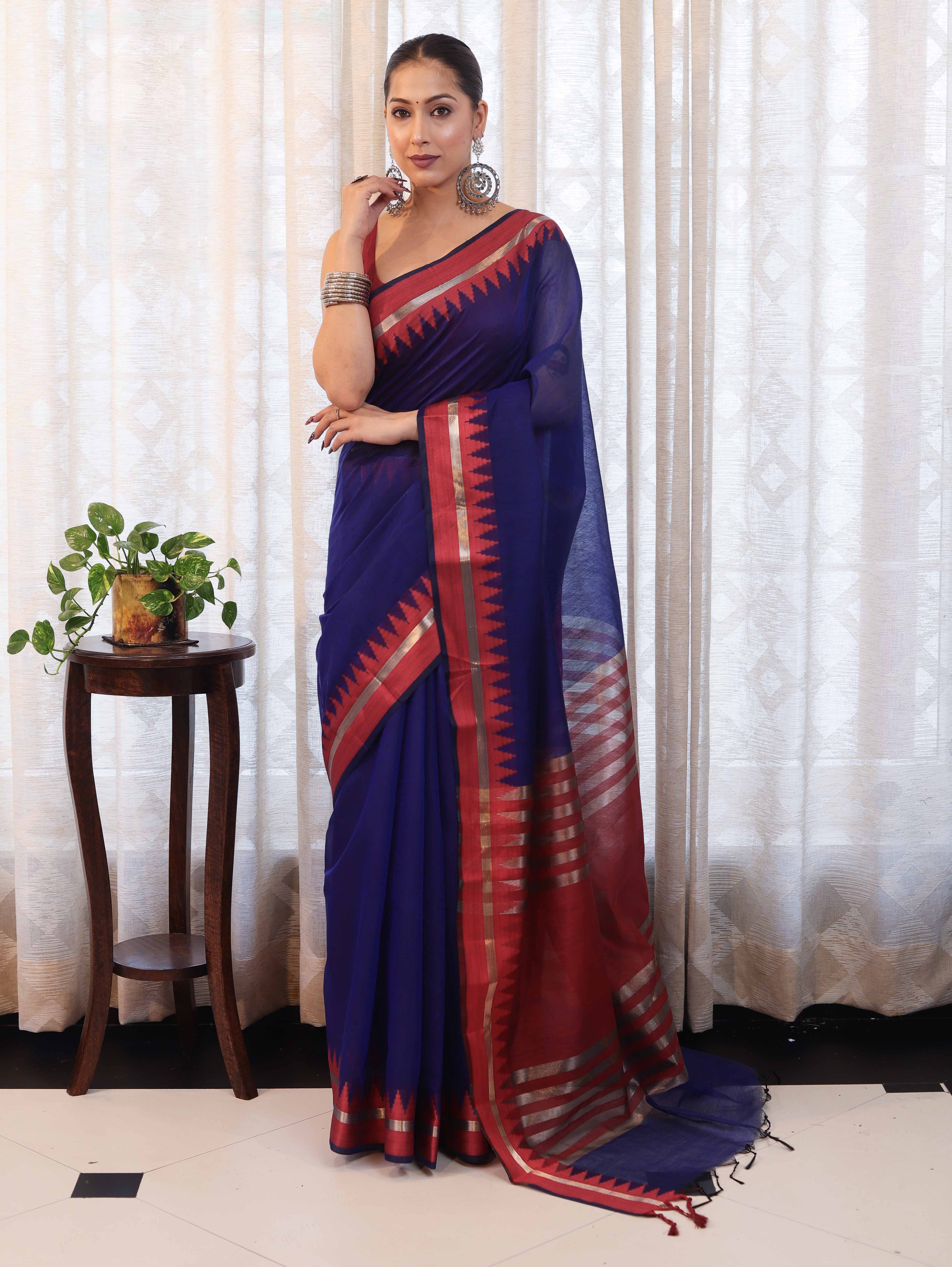 Banarasee Handloom Plain Cotton Silk Saree With Contrast Border-Navy Blue & Maroon