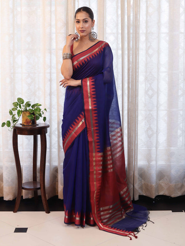 Banarasee Handloom Plain Cotton Silk Saree With Contrast Border-Navy Blue & Maroon