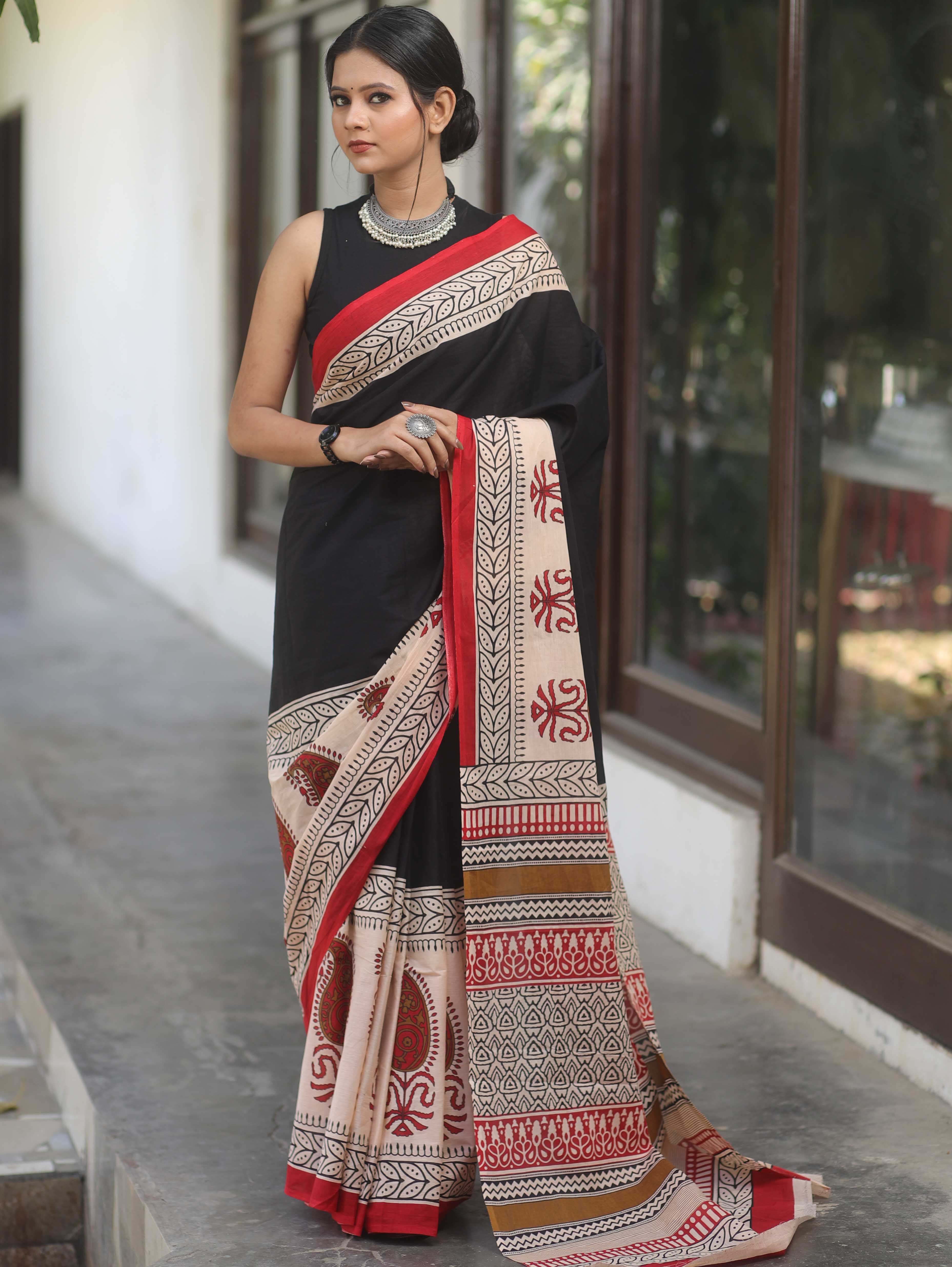 Handloom Mul Cotton Hand-Block Print Saree-Black