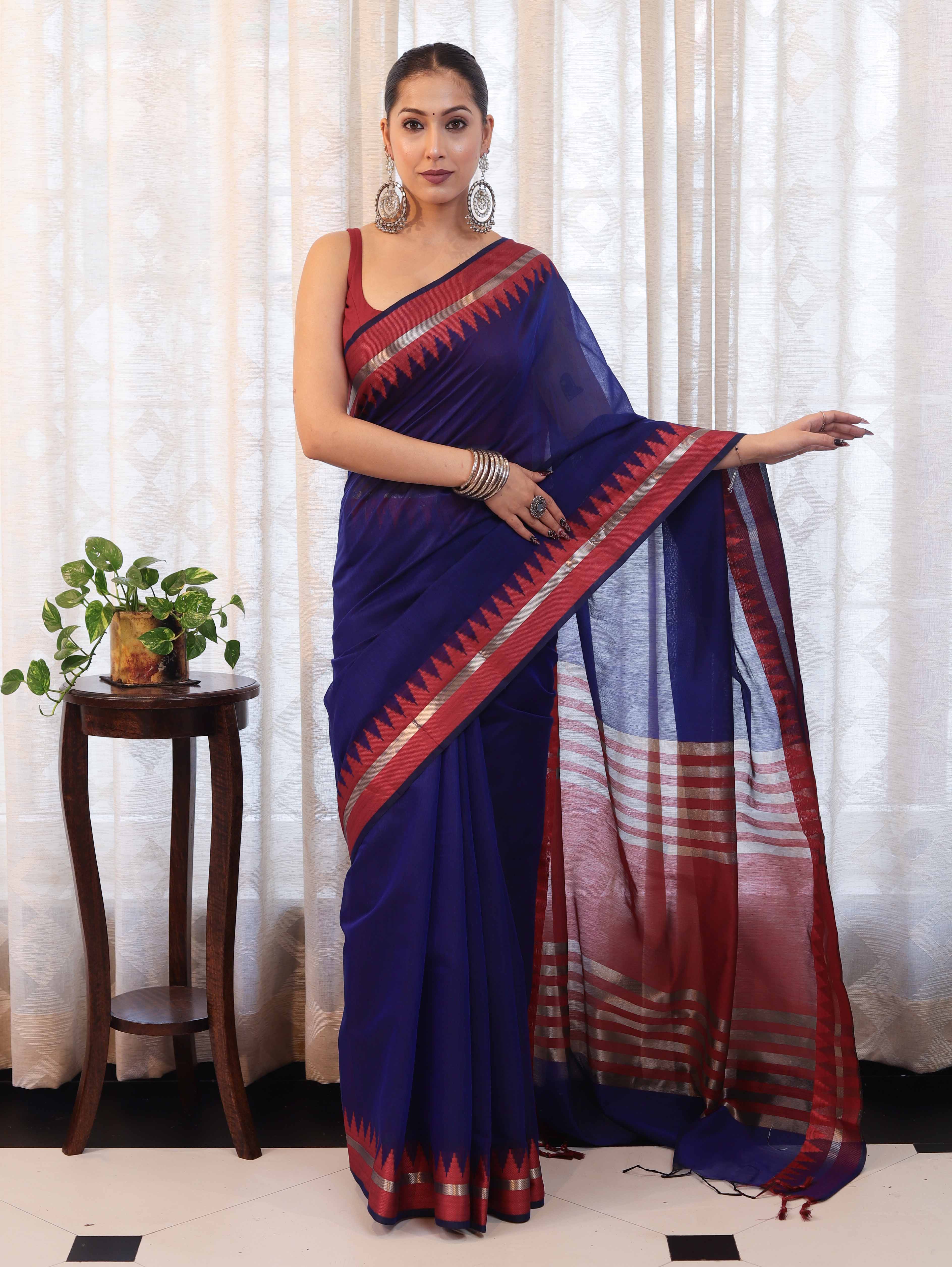 Banarasee Handloom Plain Cotton Silk Saree With Contrast Border-Navy Blue & Maroon