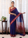 Banarasee Handloom Plain Cotton Silk Saree With Contrast Border-Navy Blue & Maroon