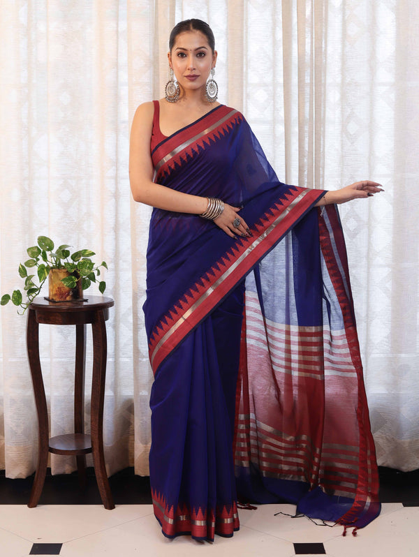 Banarasee Handloom Plain Cotton Silk Saree With Contrast Border-Navy Blue & Maroon