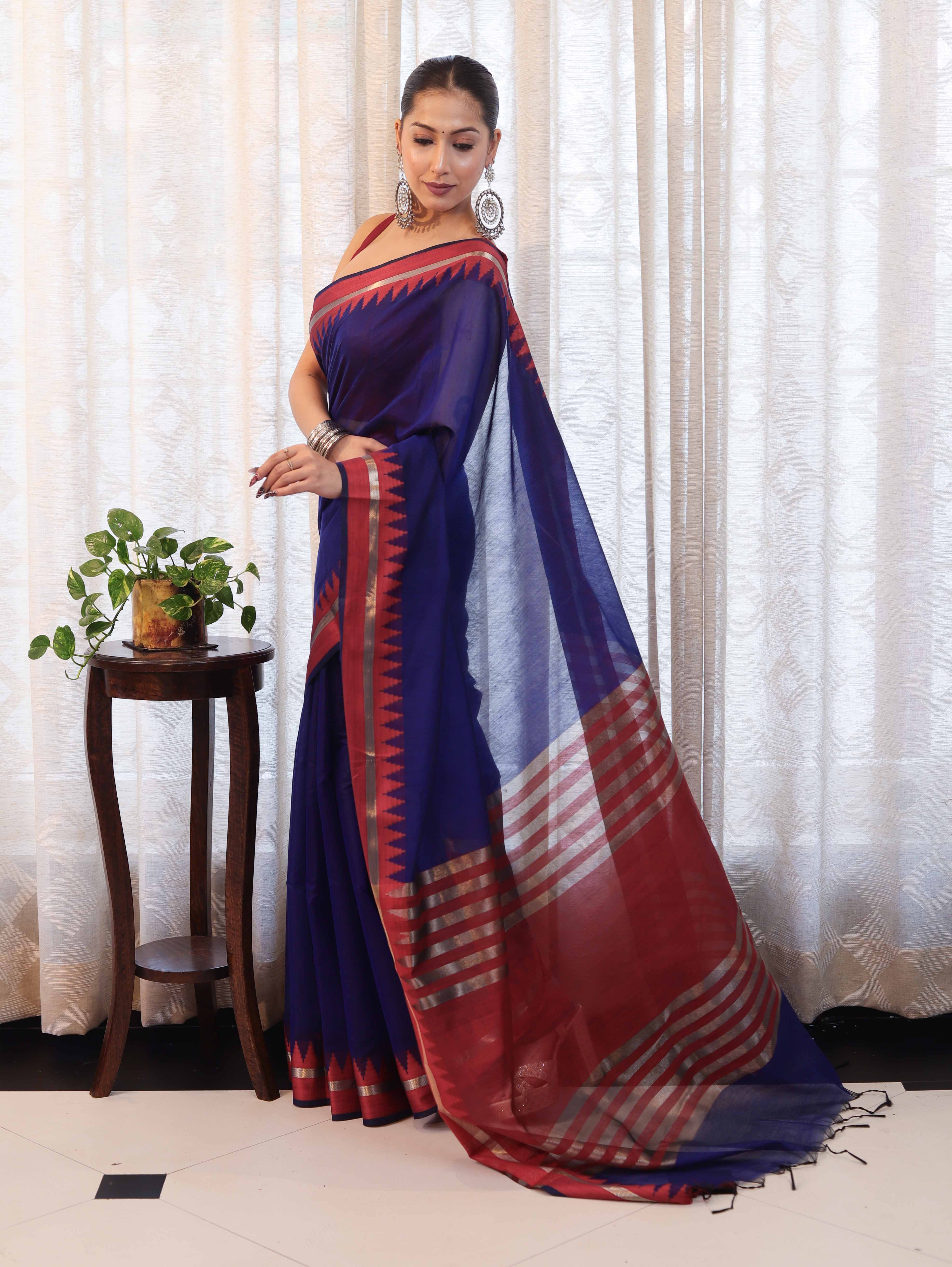 Banarasee Handloom Plain Cotton Silk Saree With Contrast Border-Navy Blue & Maroon