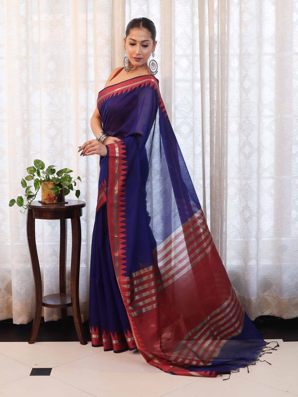 Banarasee Handloom Plain Cotton Silk Saree With Contrast Border-Navy Blue & Maroon