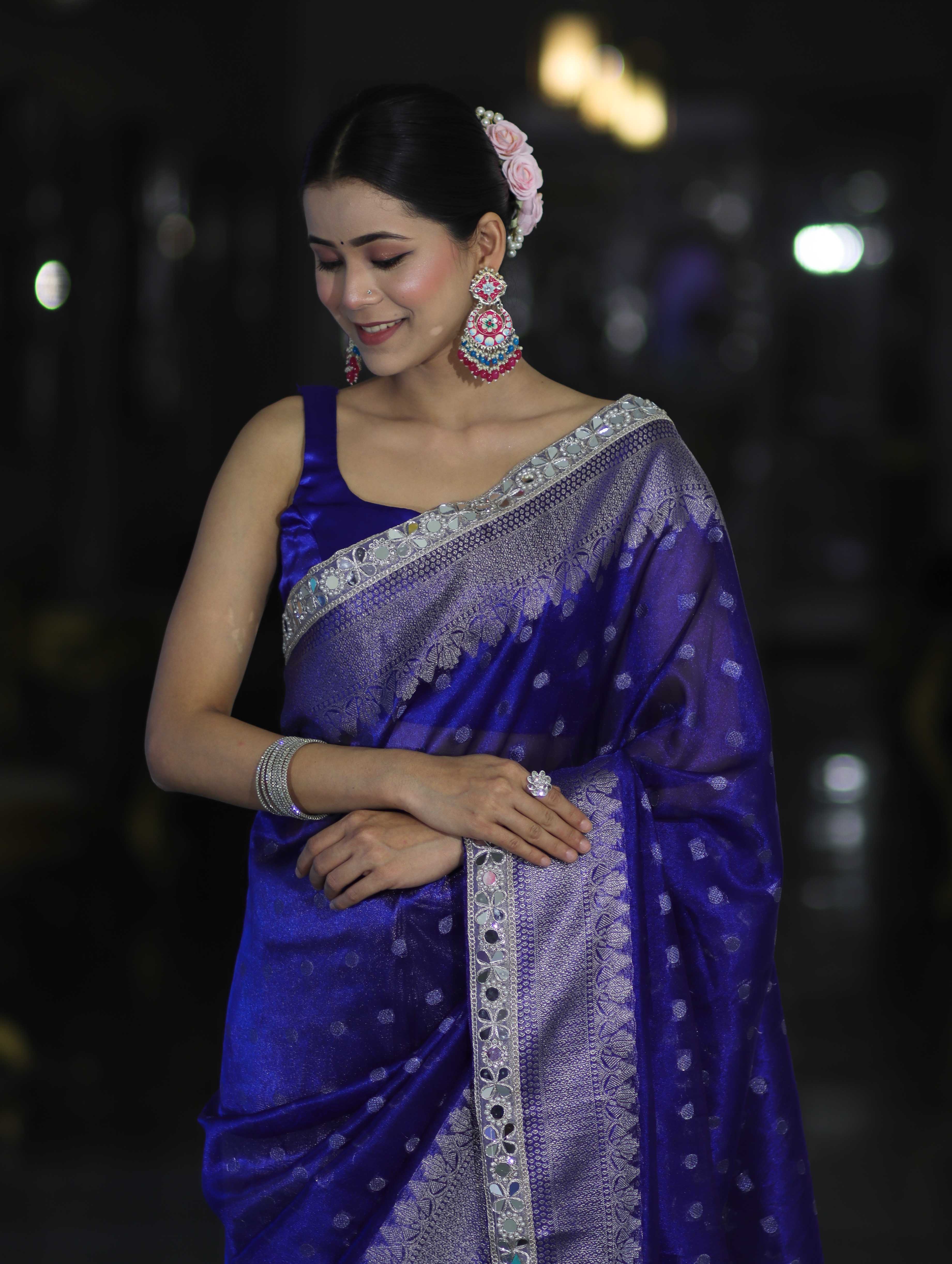 Banarasee Handloom Tissue Saree With Buti Design Zari Border & Lace-Blue