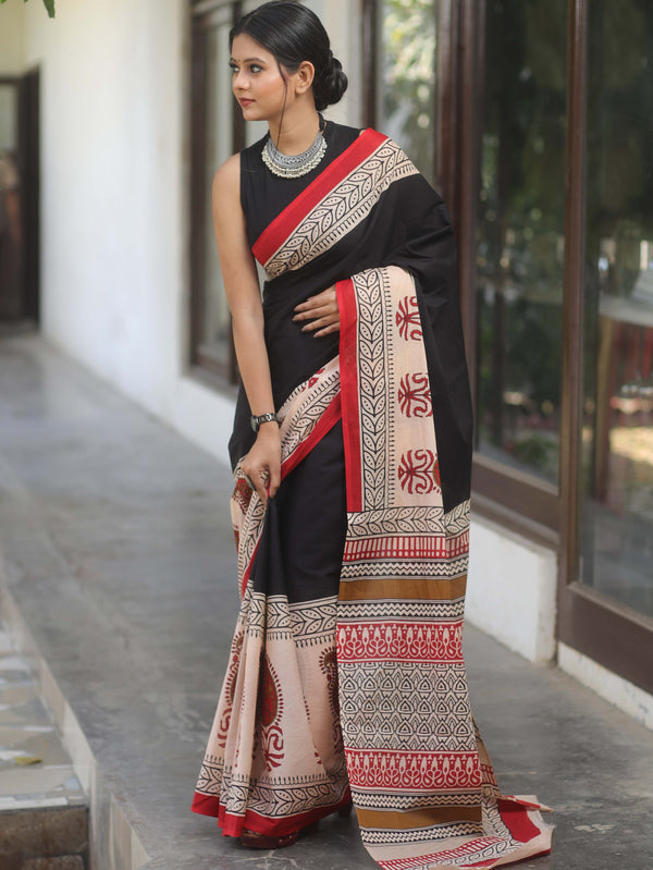 Handloom Mul Cotton Hand-Block Print Saree-Black