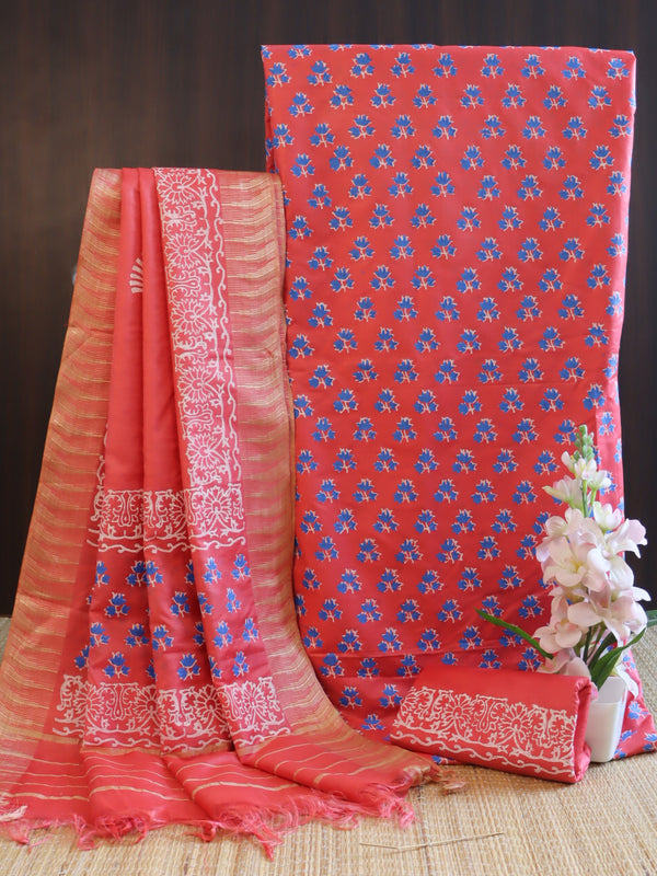 Handloom Block Printed Cotton Silk Salwar Kameez Dupatta Set-Pink