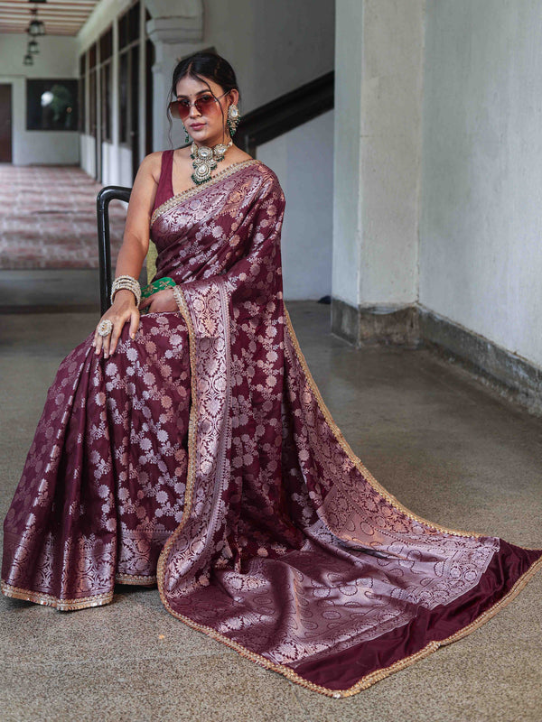 Banarasee Handwoven Semi Silk Saree With Zari Jaal Design & Lace-Wine