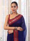 Banarasee Handloom Plain Cotton Silk Saree With Contrast Border-Navy Blue & Maroon