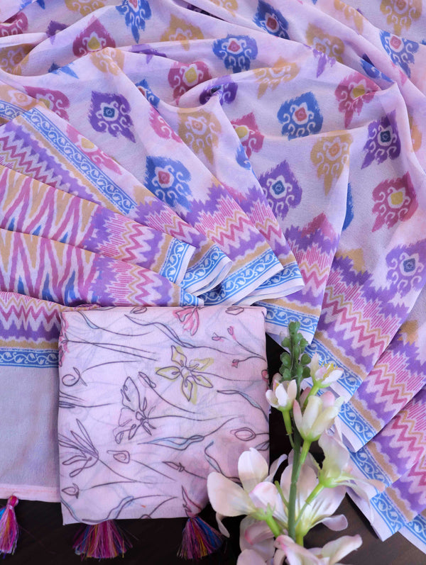 Banarasee Handwoven Faux Georgette Saree With Ikkat Prints Design-Light Blue