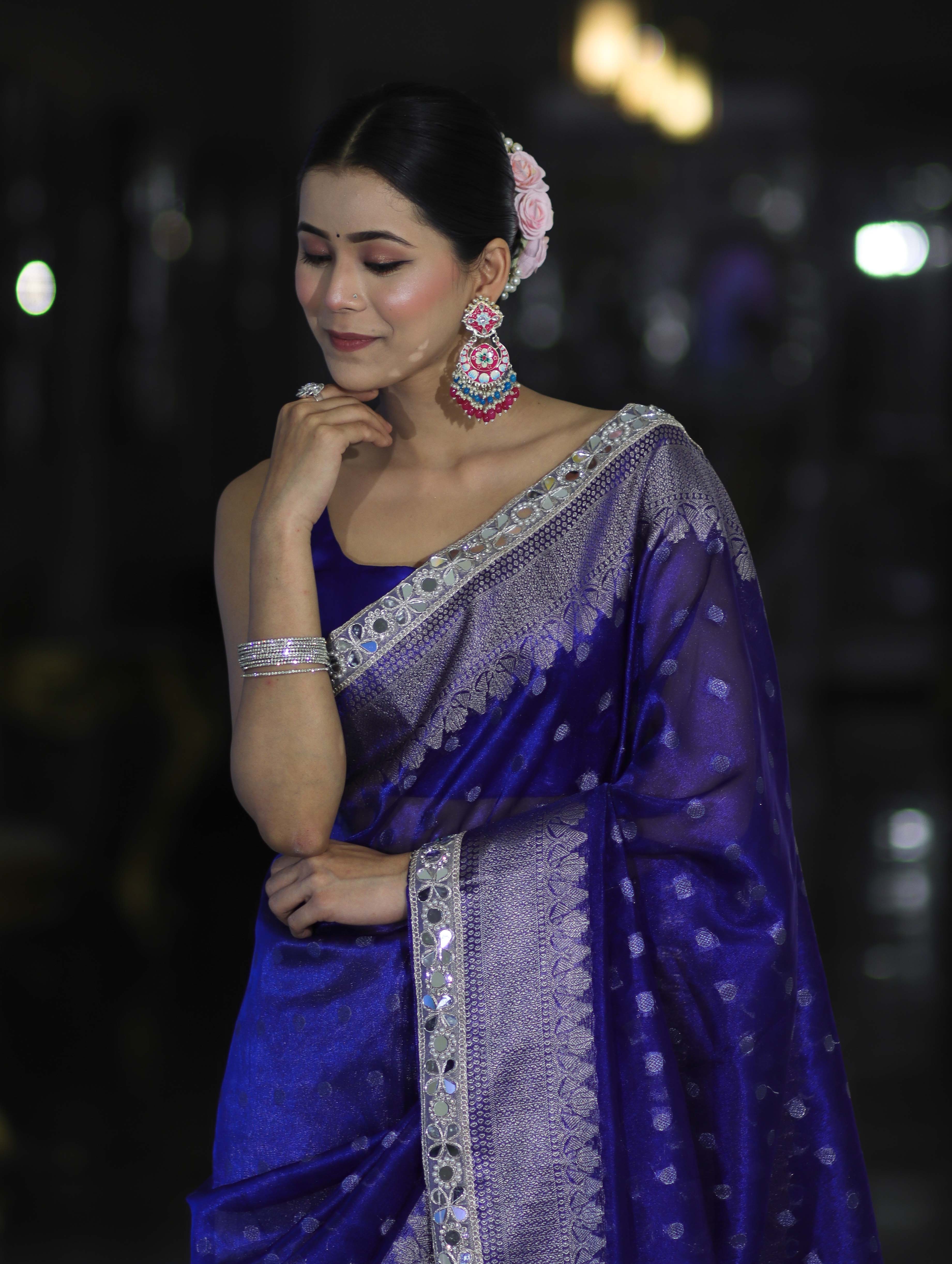 Banarasee Handloom Tissue Saree With Buti Design Zari Border & Lace-Blue