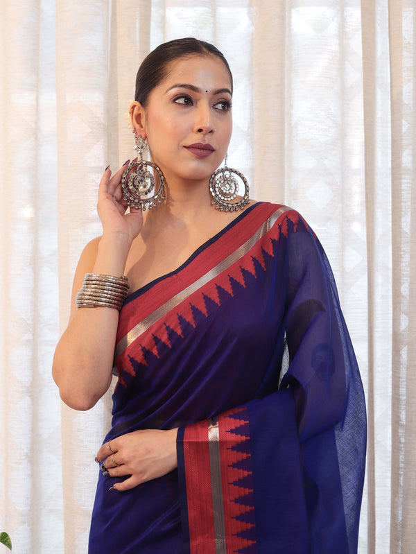 Banarasee Handloom Plain Cotton Silk Saree With Contrast Border-Navy Blue & Maroon