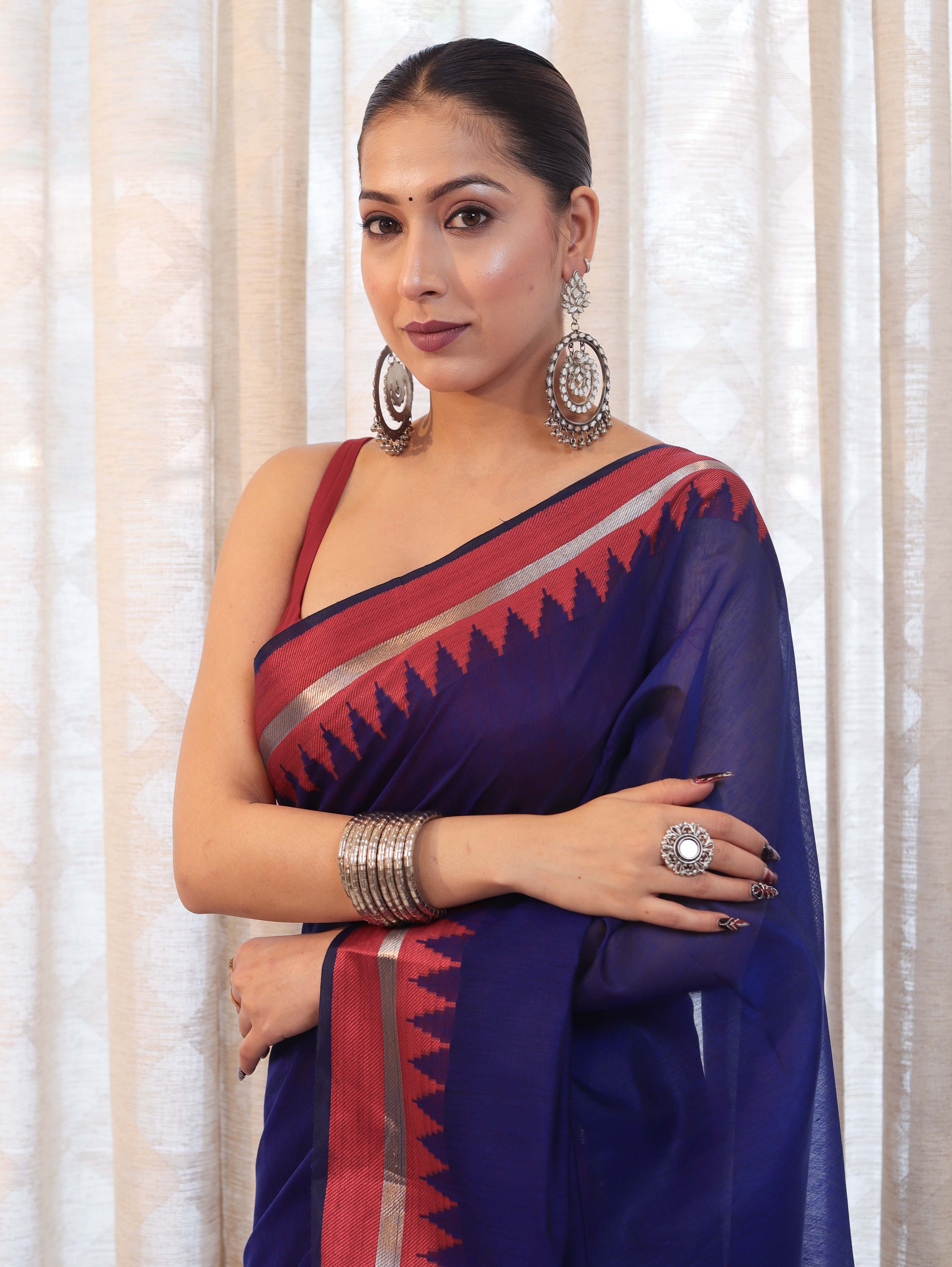 Banarasee Handloom Plain Cotton Silk Saree With Contrast Border-Navy Blue & Maroon