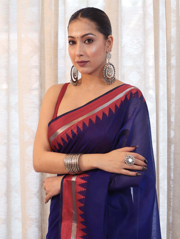 Banarasee Handloom Plain Cotton Silk Saree With Contrast Border-Navy Blue & Maroon
