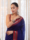 Banarasee Handloom Plain Cotton Silk Saree With Contrast Border-Navy Blue & Maroon