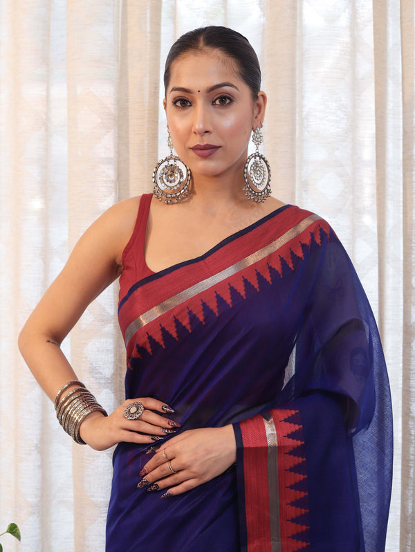 Banarasee Handloom Plain Cotton Silk Saree With Contrast Border-Navy Blue & Maroon