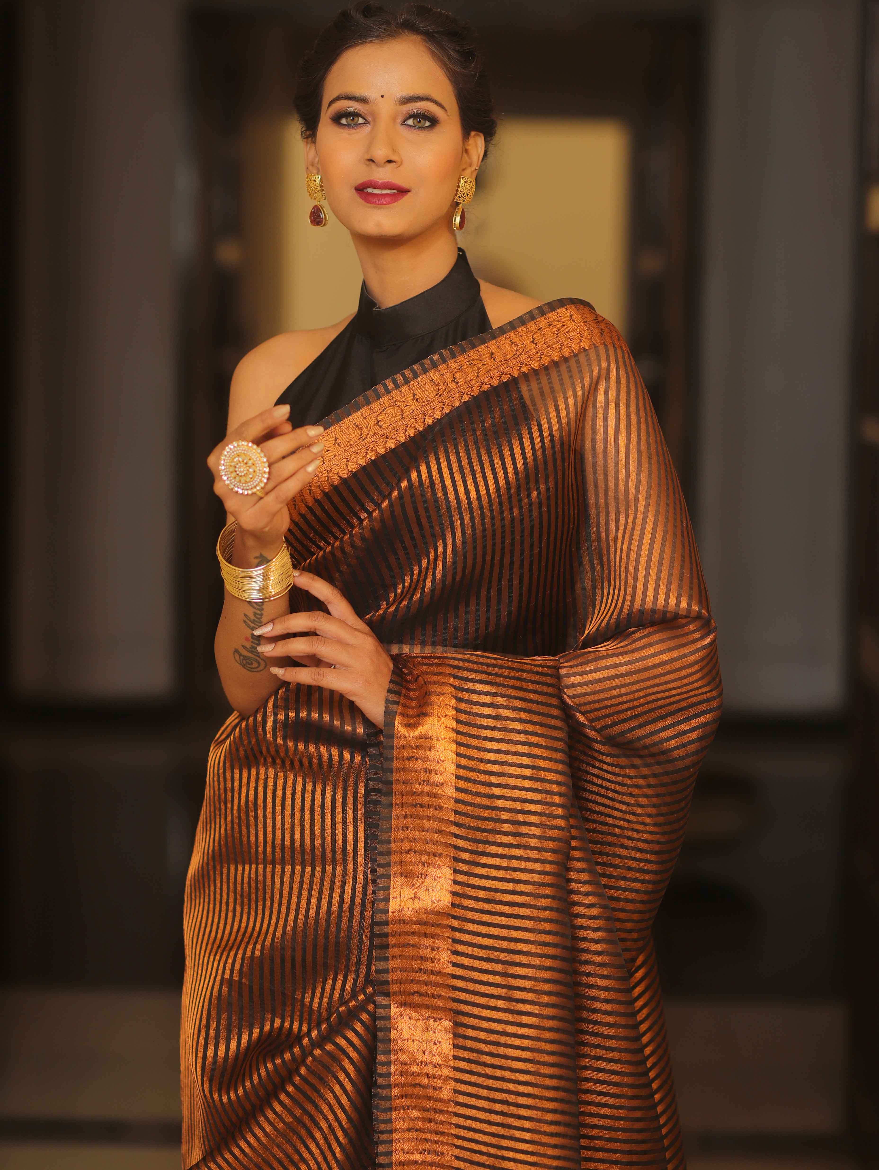 Banarasee Handwoven Striped Tissue Saree-Black