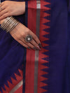 Banarasee Handloom Plain Cotton Silk Saree With Contrast Border-Navy Blue & Maroon
