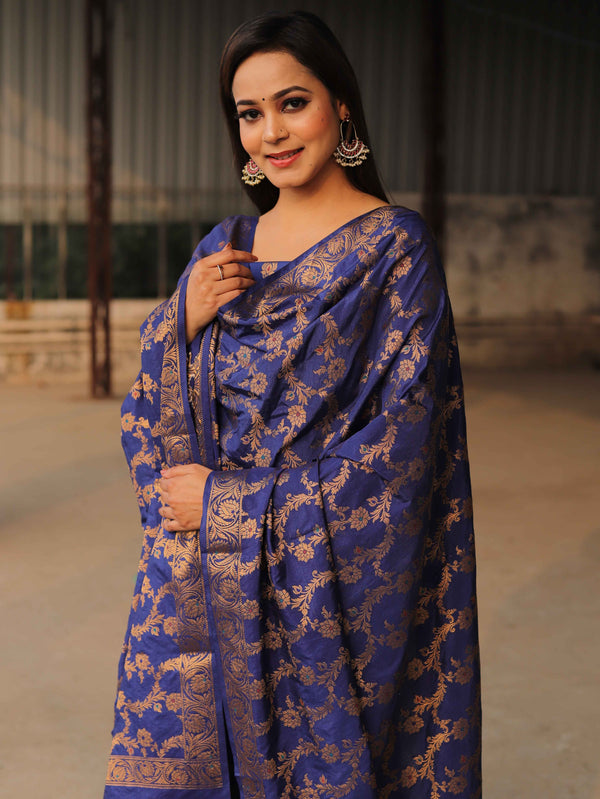 Banarasee Salwar Kameez Semi Katan Silk Fabric With Zari Work-Blue