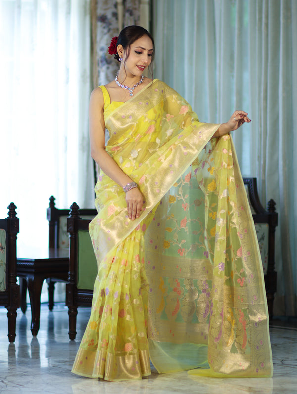 Banarasee Organza Mix Saree With Zari Meena Jaal Design & Border-Light Yellow