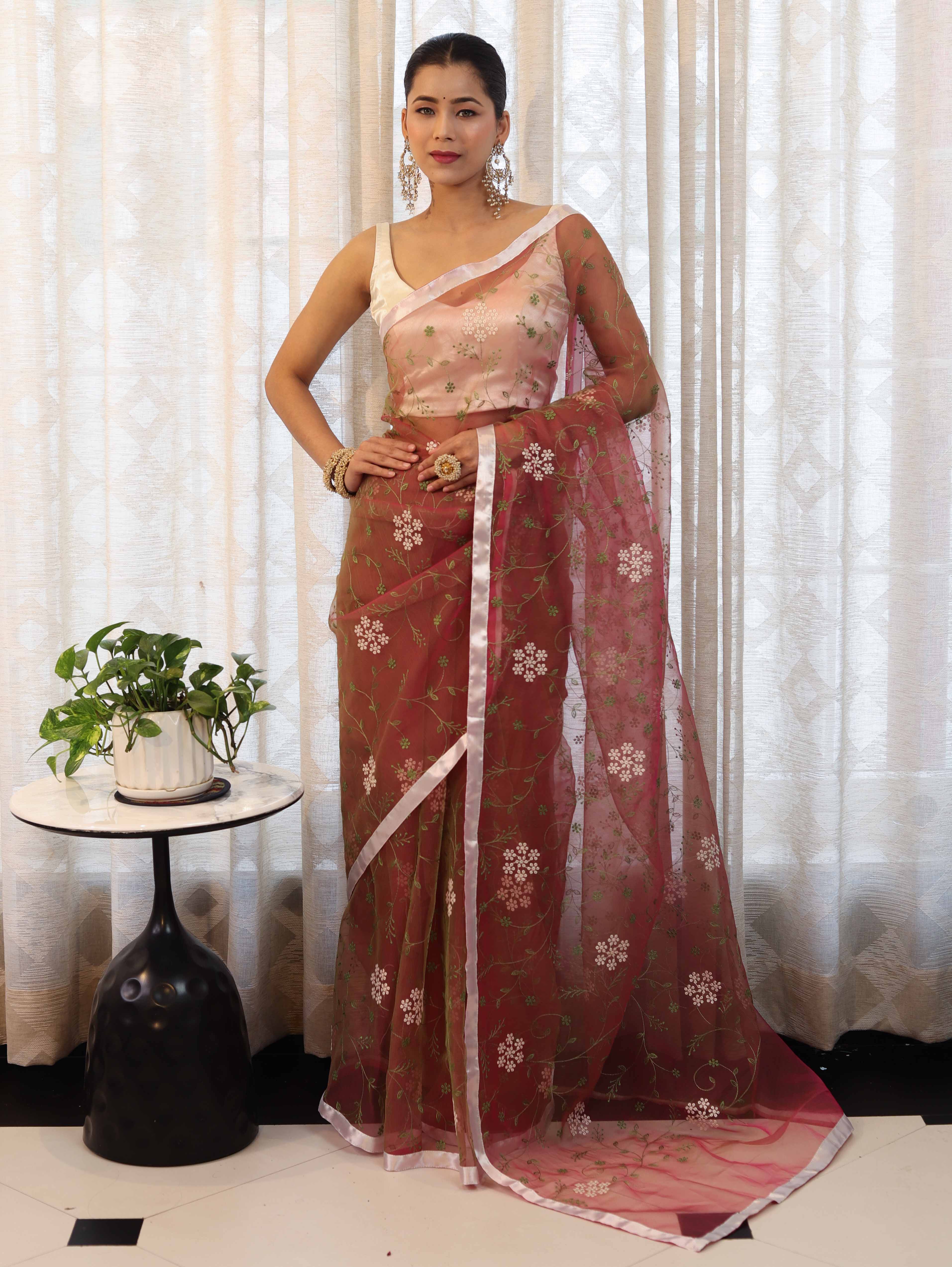 Banarasee Organza Mix Saree With Floral Embroidered Work & Satin Border-Peach
