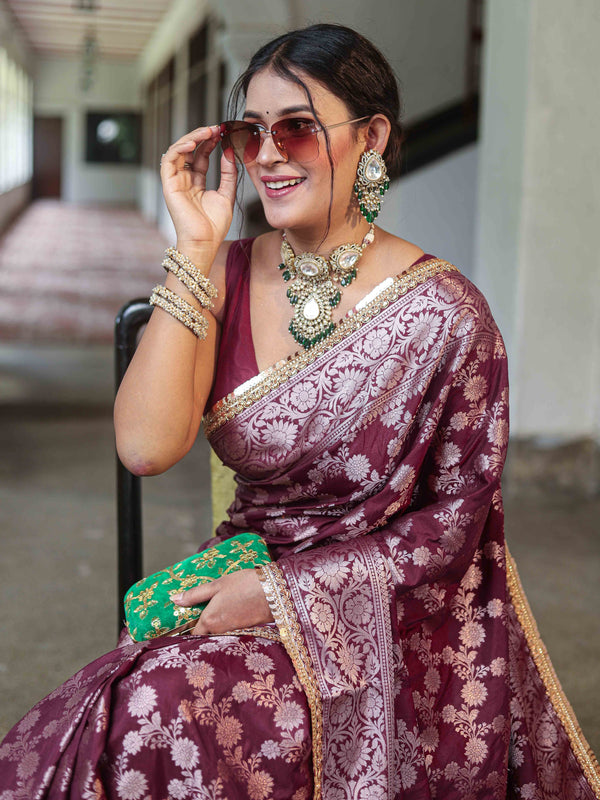 Banarasee Handwoven Semi Silk Saree With Zari Jaal Design & Lace-Wine