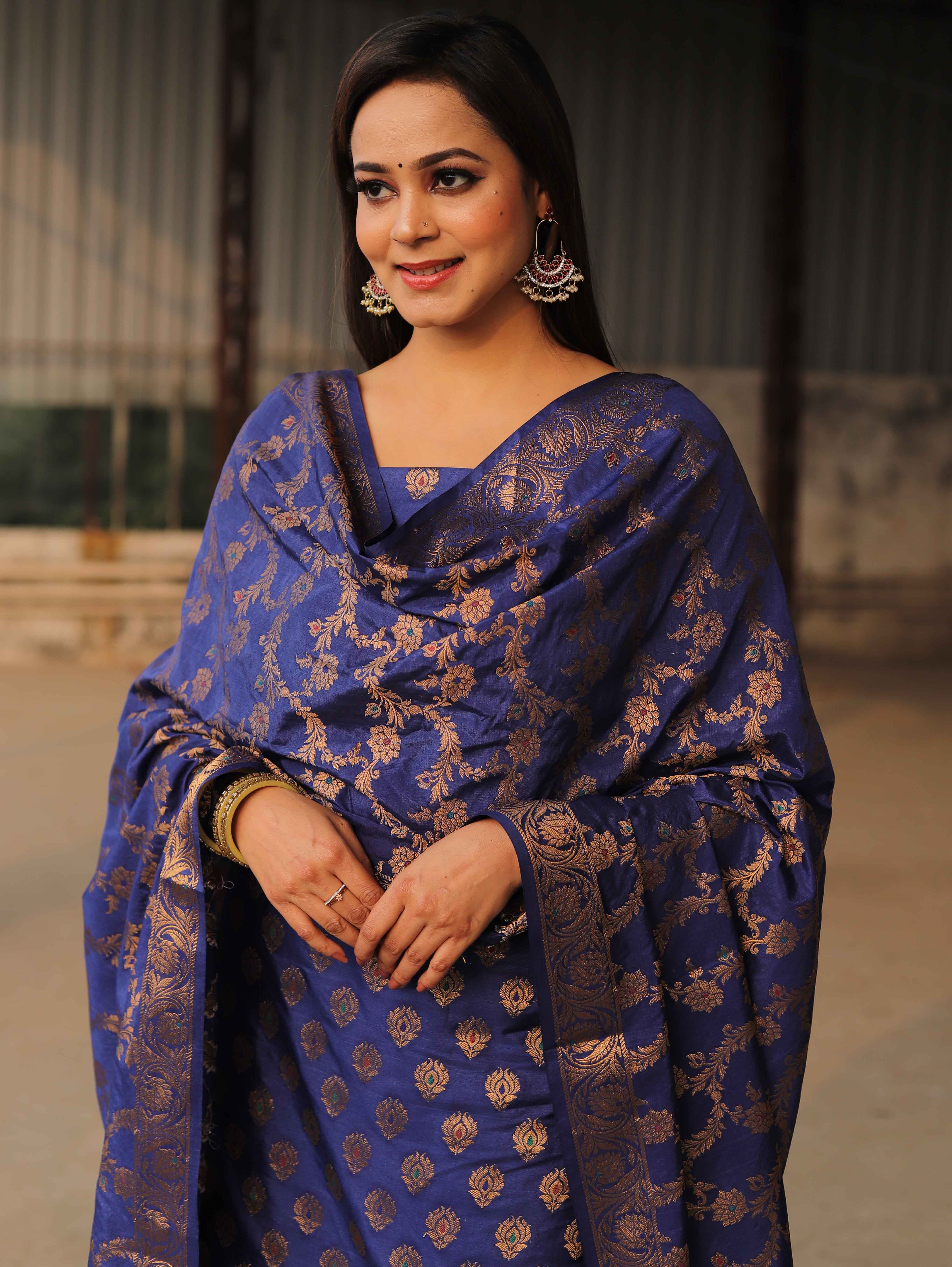 Banarasee Salwar Kameez Semi Katan Silk Fabric With Zari Work-Blue