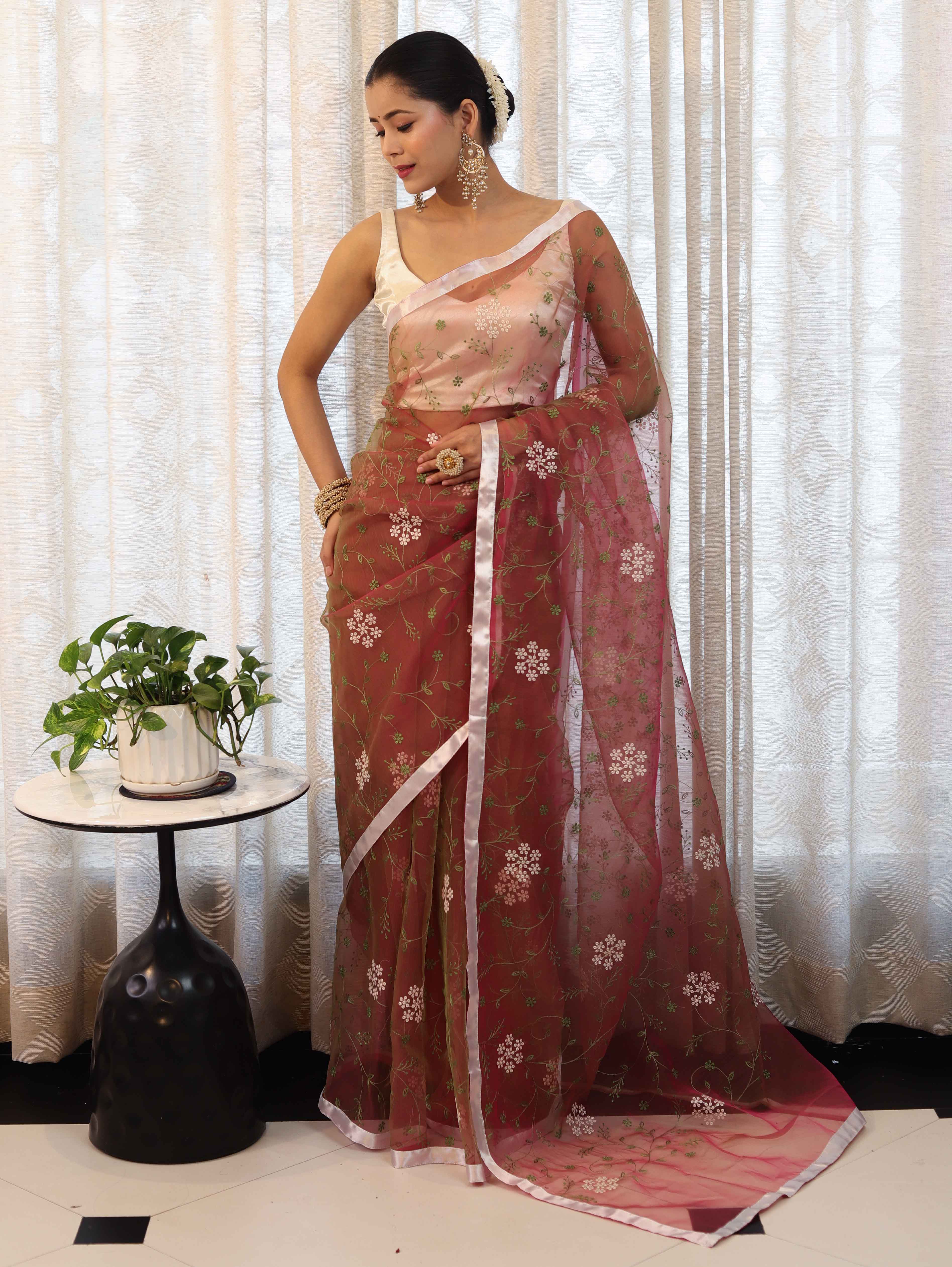 Banarasee Organza Mix Saree With Floral Embroidered Work & Satin Border-Peach
