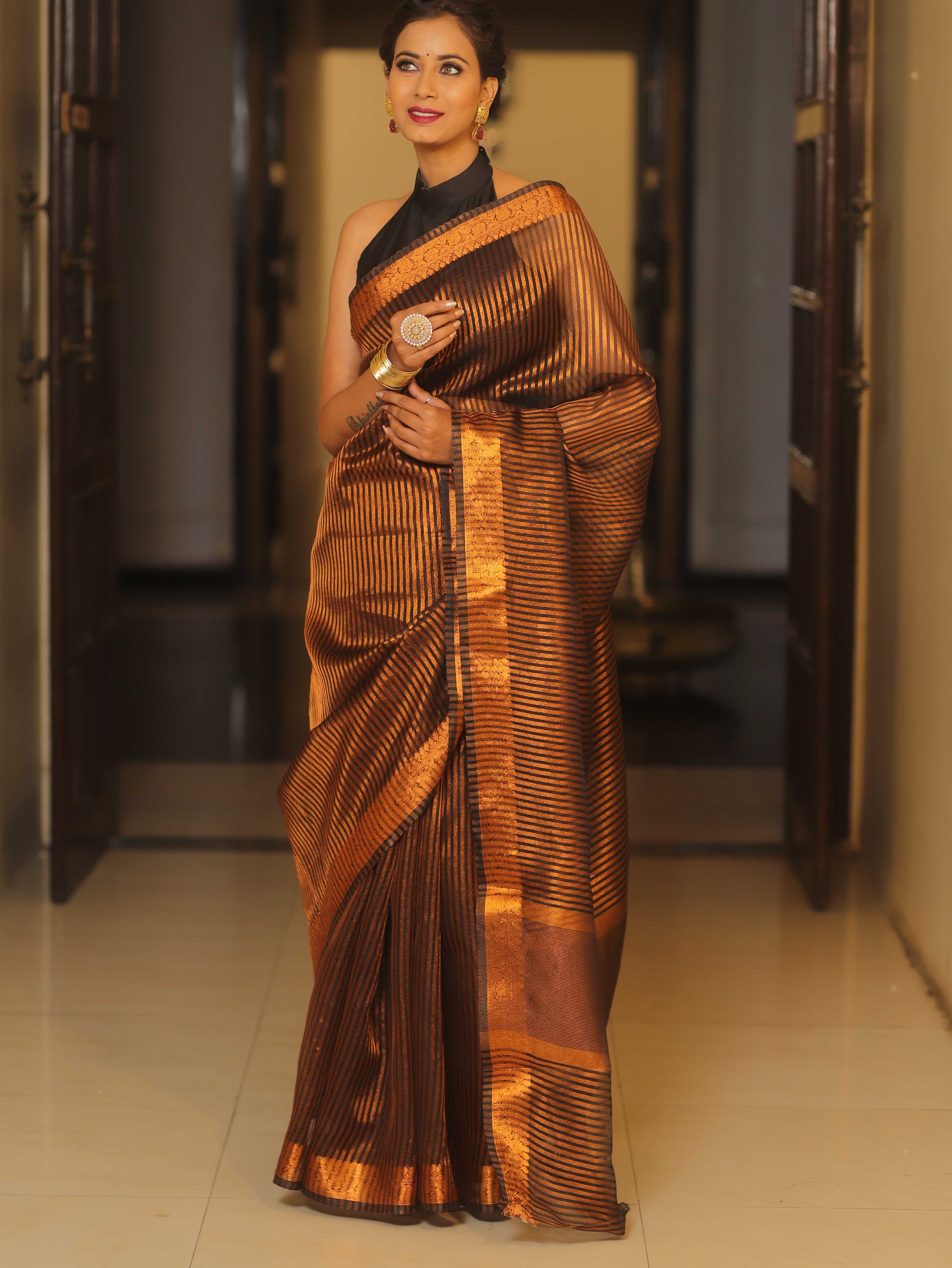 Banarasee Handwoven Striped Tissue Saree-Black