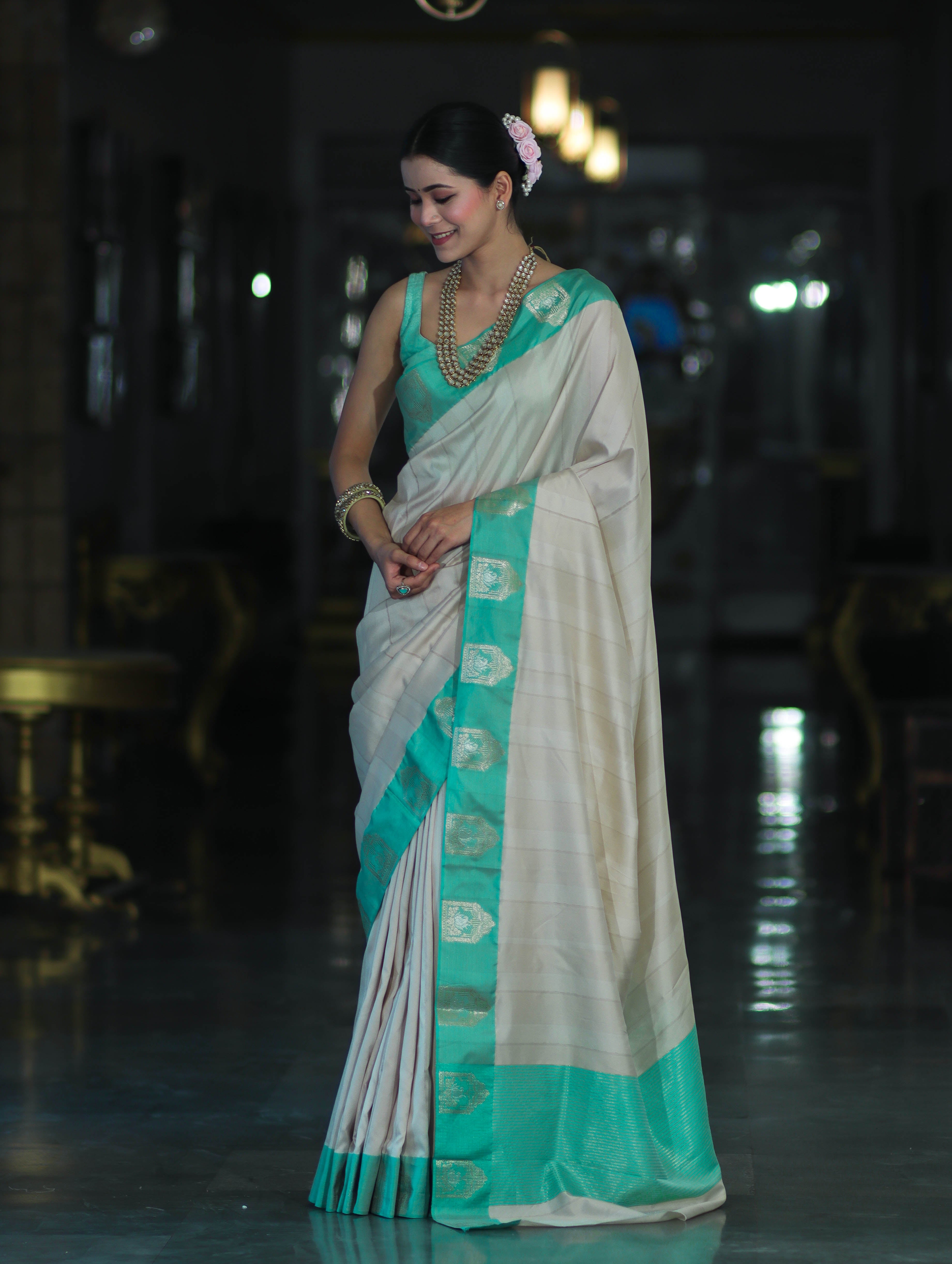 Banarasee Handloom Plain Semi Silk Saree With Contrast Zari Border-Cream & Light Green