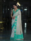 Banarasee Handloom Plain Semi Silk Saree With Contrast Zari Border-Cream & Light Green